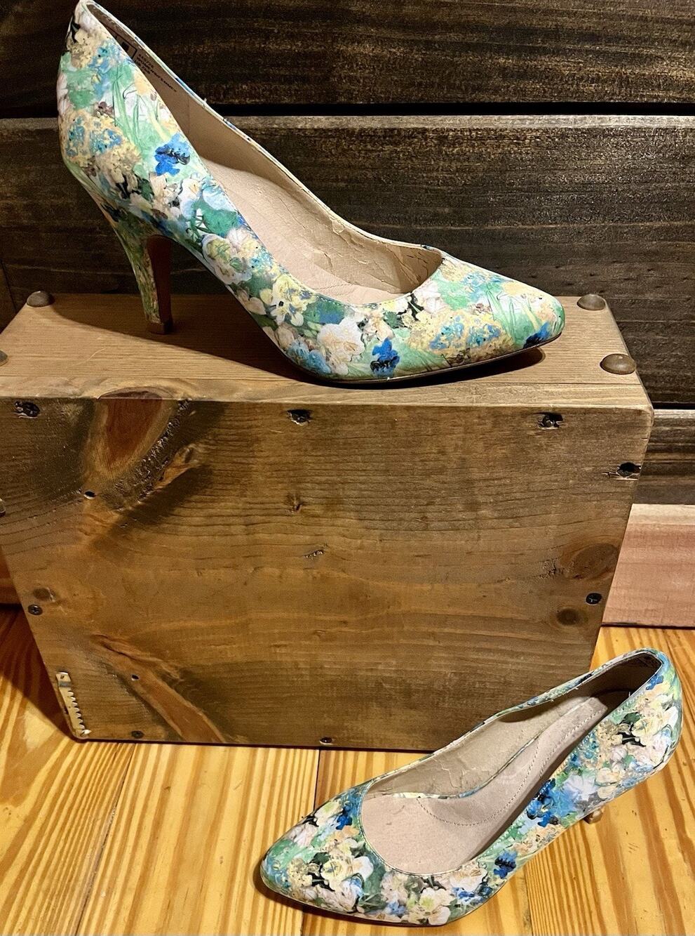 Lands' End Floral Multicolor Pointed Toe Stiletto Slip On Pumps Synthetic Upper